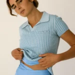 Women's ribbed knitted polo shirt in organic cotton, light blue colour