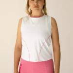 Camiseta de deporte blanca y cosido rosa para mujer espalda cruzada