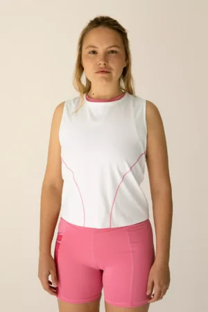 Camiseta de deporte blanca y cosido rosa para mujer espalda cruzada