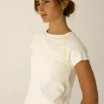 Women's knitted T-shirt, white colour, short sleeves and yellow stitched seams