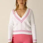 jersey punto algodón cuello pico blanco rosa